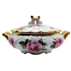 VTG Norcrest Hand Painted Porcelain Covered Bowl Golden Rose Pattern Gold Trim